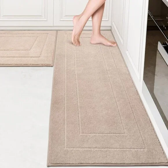 New 2PC Beige Kitchen Rug Set, Washable Non-Slip Absorbent Mats for Floor & Sink