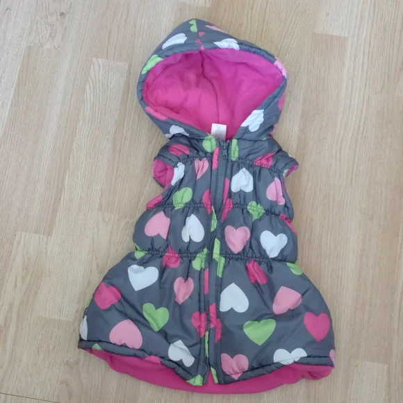 Gymboree Girls Hooded Puffer Vest Heart Print Pink Lined Size S 5–6