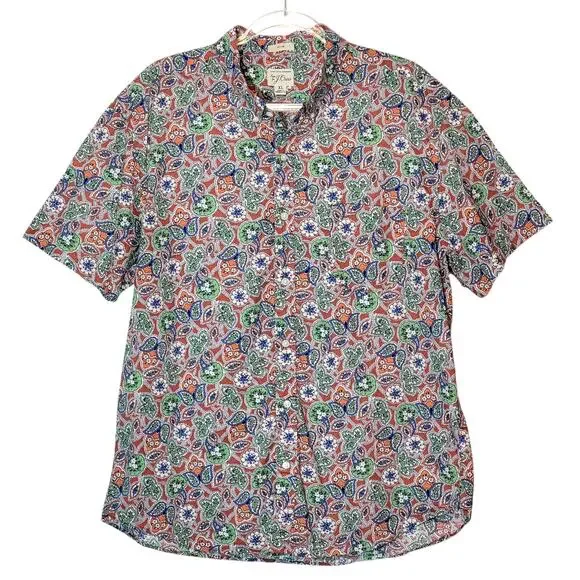 J. Crew Paisley Floral Short Sleeve Button Down Slim Shirt Blue Green Size XL