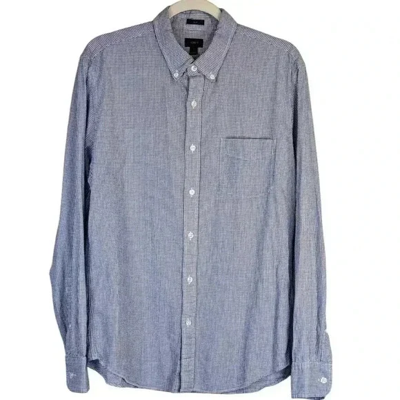 J. CREW Classic Cotton Poplin Dress Shirt in Micro Gingham check blue Large
