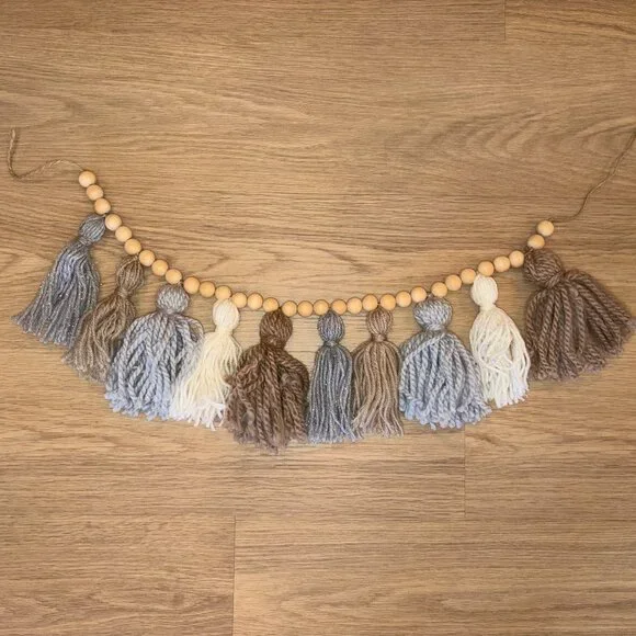 Bohemian neutral short yarn tassels with wooden beads hanging wall art