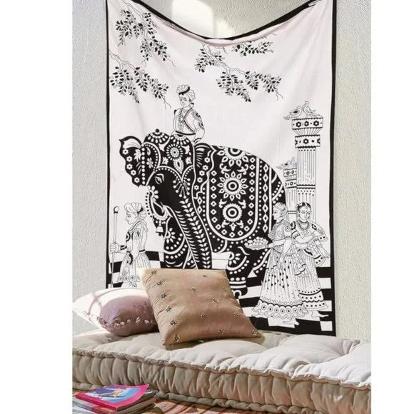 India Elephant Festival Bohemian Black White Tapestry Twin Size Cotton NEW