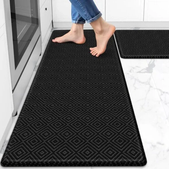 2Pcs Cushioned Anti-Fatigue Kitchen Mats, Waterproof Black Rug Set - 17.3x47In
