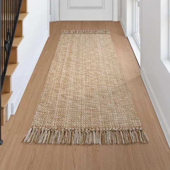 New 2x4.3in Hand-Woven Kitchen Runner Rug, Reversible Washable Tan Cotton Mat