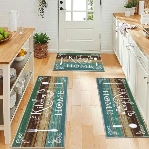 New 3-Piece Kitchen Area Rug Set, Washable Non-Slip Mats for Floor - Teal