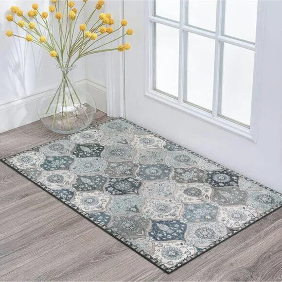 New 2x3 Moroccan Door Mat, Washable Non-Slip Blue Entry Rug for Home & Entry