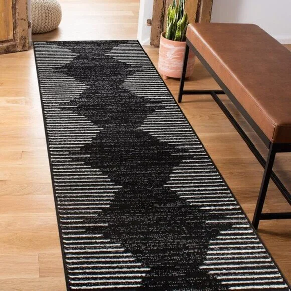 New 2 x 7In Bohemian Stripe Runner Rug, Stain-Resistant for High Traffic Areas