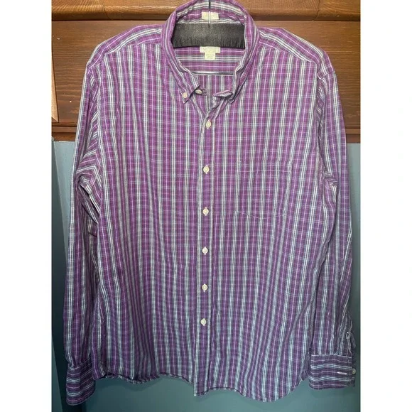J.Crew Mens Tailored Fit Washed Tartan Button Down Shirt Purple Plaid Large