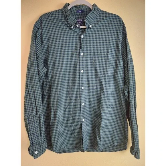 J.Crew Flex Washed Slim Fit Gingham Button Down Shirt Mens XL Green Navy Blue‎