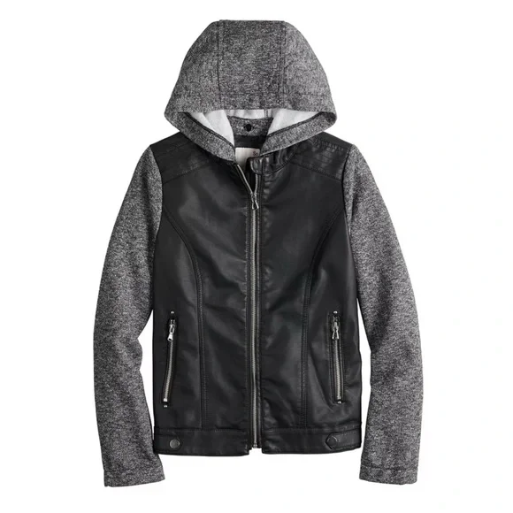 SO Black & Gray Faux-Leather Hooded Zip Up Moto Jacket Girls 10/12
