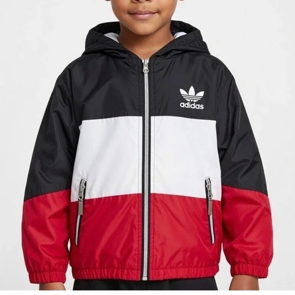 Adidas Classic Vintage Zip Up Hooded Rain Jacket Black‎ Red White Youth Size 1