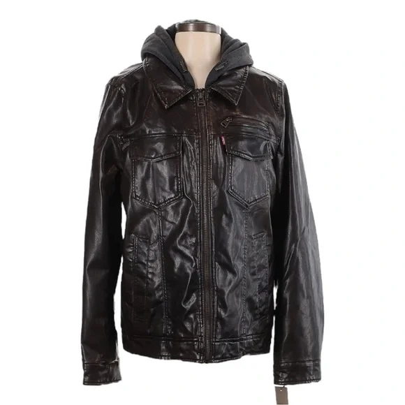 Levi’s Sherpa Lined Faux Leather Trucker Jacket Brown Hoodie Insert NWT Size S