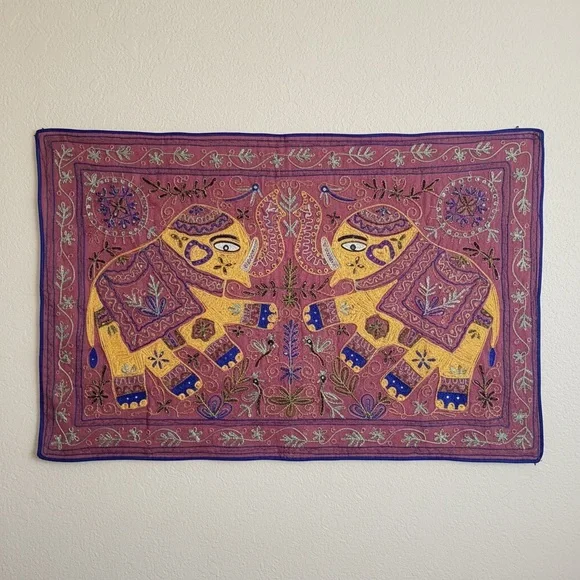 Indian hand-embroidered wall tapestry featuring elephant motifs, sequin detail