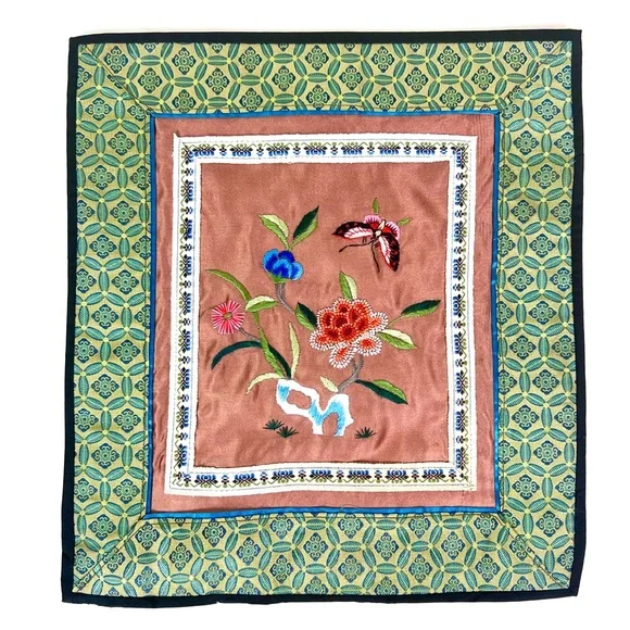 Vintage Chinese Silk Embroidered Floral Butterfly Panel