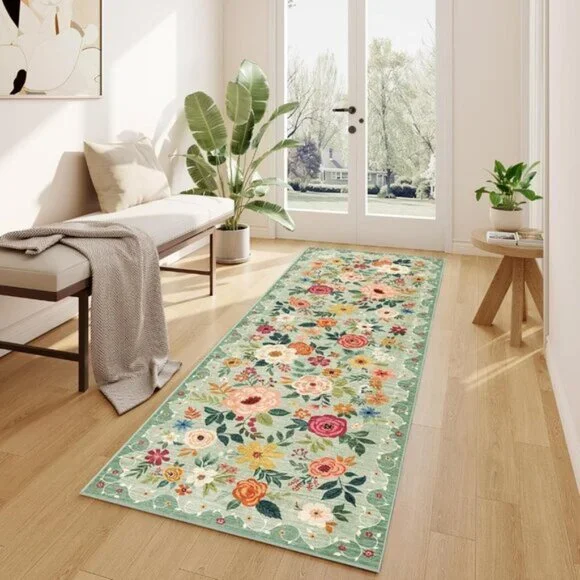 New 2.6x8 Washable Kitchen Runner Rug, Non-Slip Boho Floral Carpet, Green