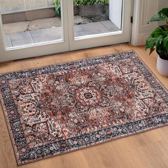 New 2x3 Vintage Entryway Rug, Machine Washable Non Slip Low Pile Area Mat