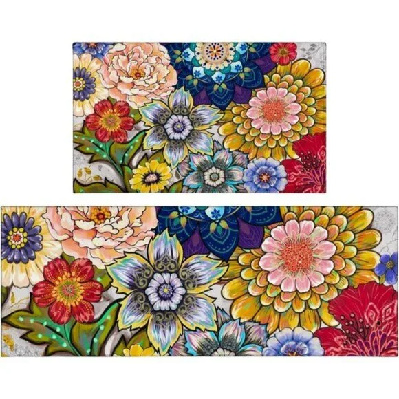 New Colorful 2-Piece Floral Kitchen Rug Set, Decorative Low-Profile Mats