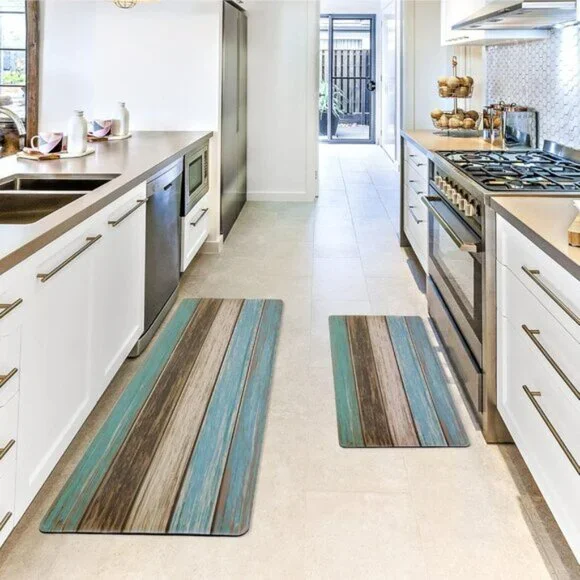 New Set of 2 Teal Farmhouse Kitchen Rug, Anti-Fatigue, Non-Slip, Rustic Look