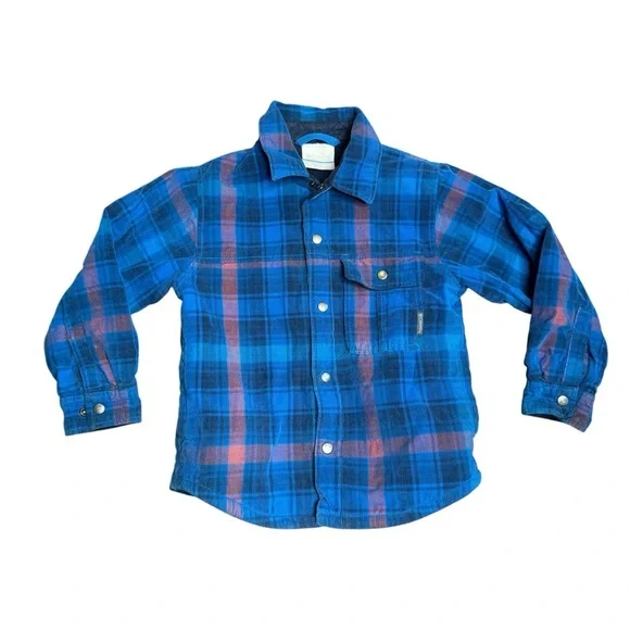 Columbia XXS 4-5 Boy Blue Plaid 100% Cotton Sherpa Lined Snap Up Shirt Shacket