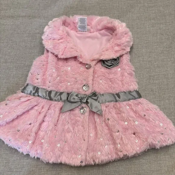 Little Lass 2T Pink Sparkle Sequin Sleeveless‎ Fur Vest OverCoat Barbiecore