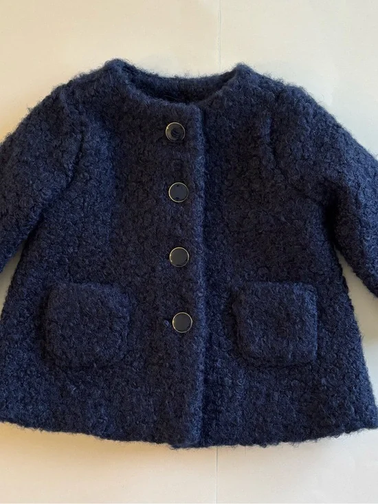 NWT Janie and Jack Baby Girls Navy Blue Boucle Coat Size 6-12 Months