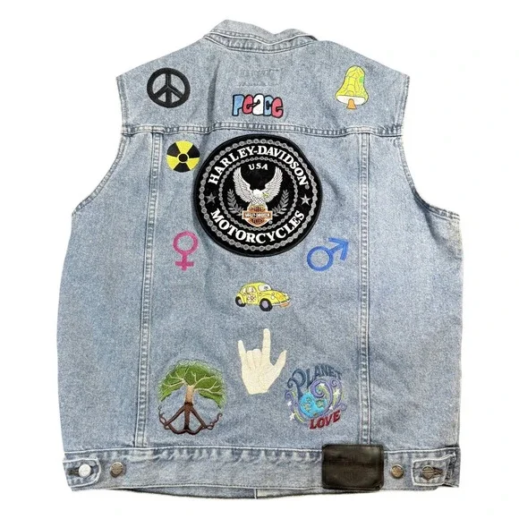 VINTAGE Hippy Harley-Davidson Denim Vest Embroidered Patches Peace Love Pride