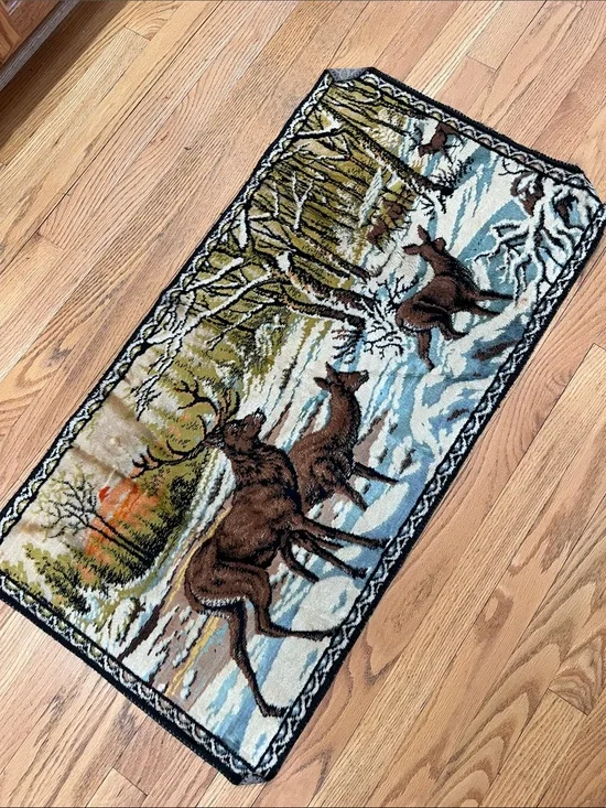 Vtg Deer Snow Woods Scene Tapestry Wall Hanging Table Runner 38.5x19.75 Cabin