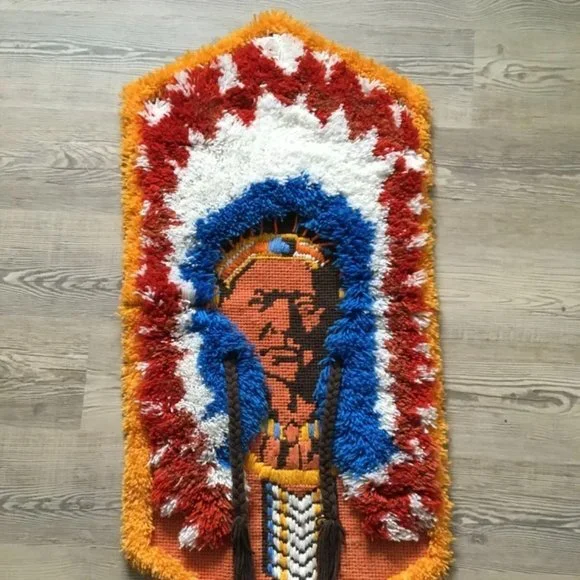 Vintage Native American Indian Chief Tapestry Hanging Rug Hand Embroidered