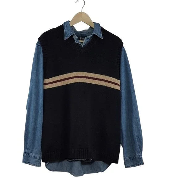 Vintage 90s J. Crew Sweater Vest Navy Blue Cream Red Stripe‎ Cotton Preppy Large
