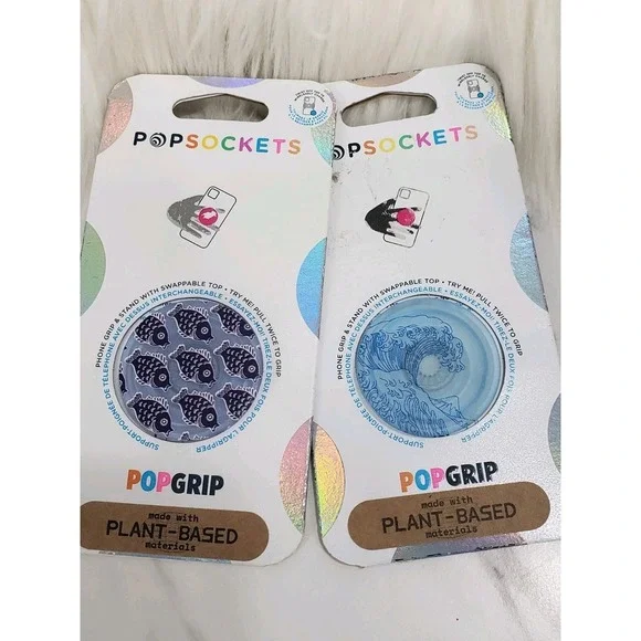 LOT‎ 2 PopSockets Cell Phone Grip FISH OCEAN WAVES blue nautical beach surfer