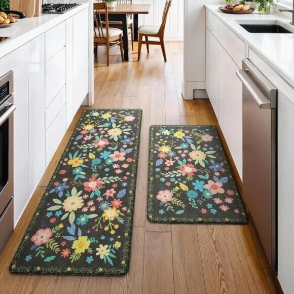 New Set of 2 Black Kitchen Mat, Cushioned, Non-Slip, Anti-Fatigue, Waterproof