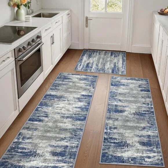 New 3-Piece Blue & Ivory Kitchen Rug Set, Non-Slip, Washable, Waterproof Mats