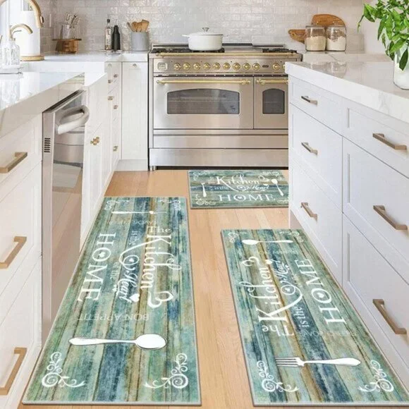 New 3-Piece Boho Kitchen Rug Set, Washable, Non-Slip Mats for Floor, Teal/Brown