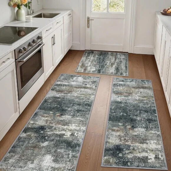 New 3-Piece Black & Brown Kitchen Rug Set, Non-Slip, Washable, Waterproof Mats