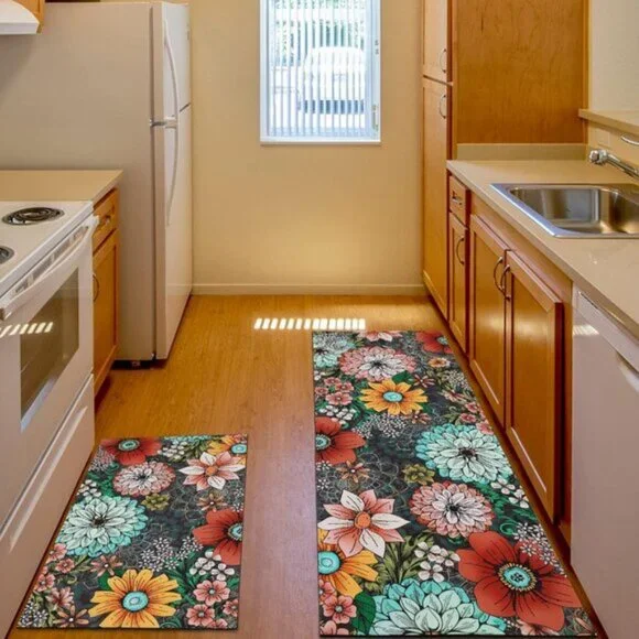 New Set of 2 Floral Kitchen Mat, Cushioned, Non-Slip, Washable, Multicolored