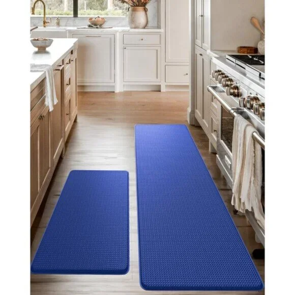 New Set of 2 Blue Memory Foam Cushioned Rugs for Office Home, Laundry, Kitchen