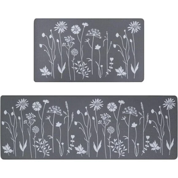 New 2-Piece Grey Kitchen Rug Set, Cushioned Anti-Fatigue, Non-Slip, Waterproof