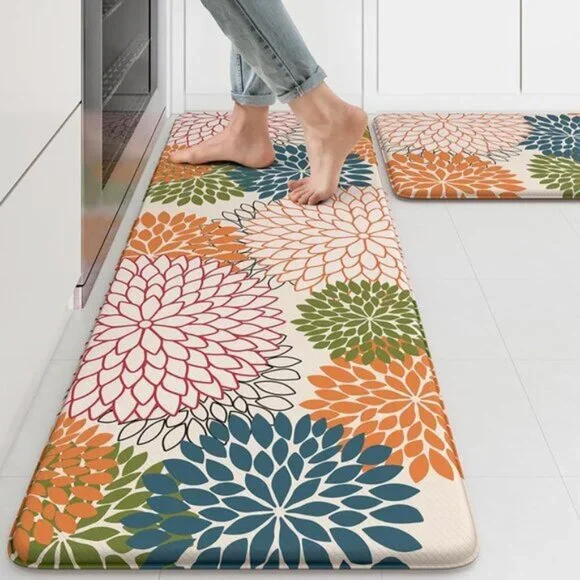 New Set of 2 Floral Kitchen Rug, Cushioned Anti-Fatigue, Non-Skid, Waterproof