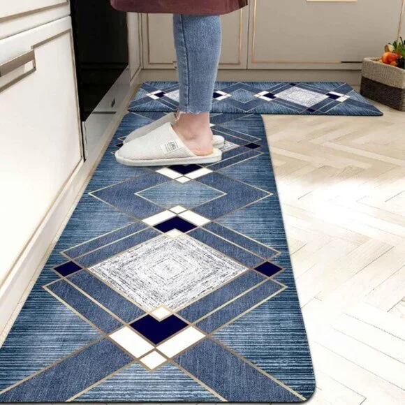 New Set of 2 Navy Grey Anti Fatigue Non-Slip Rubber Cushioned Kitchen Rugs