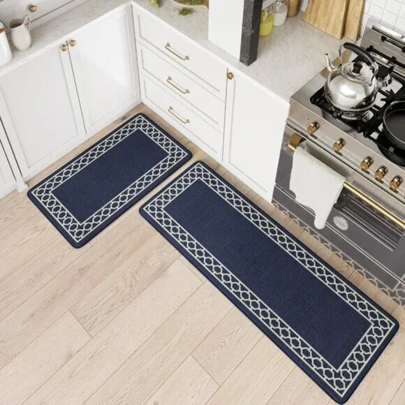 New Set of 2 Navy Blue Memory Foam Kitchen Mat Set, Waterproof Cushioned Rugs