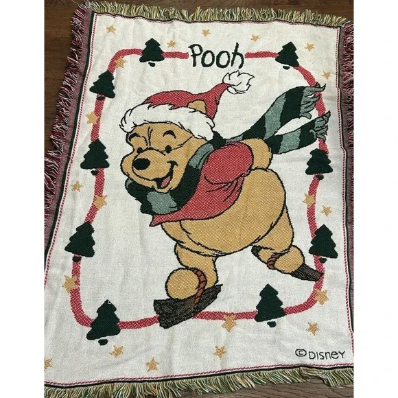 Disney Vintage Winnie the Pooh Skating Tapestry Afghan Throw Blanket Christmas
