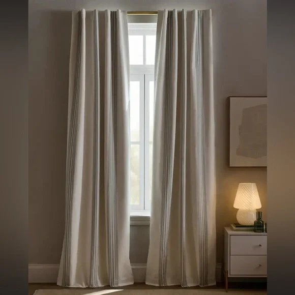 Quince 48x108 Cotton Linen Coastal Stripe True Blackout Curtain Ivory/Sage Green