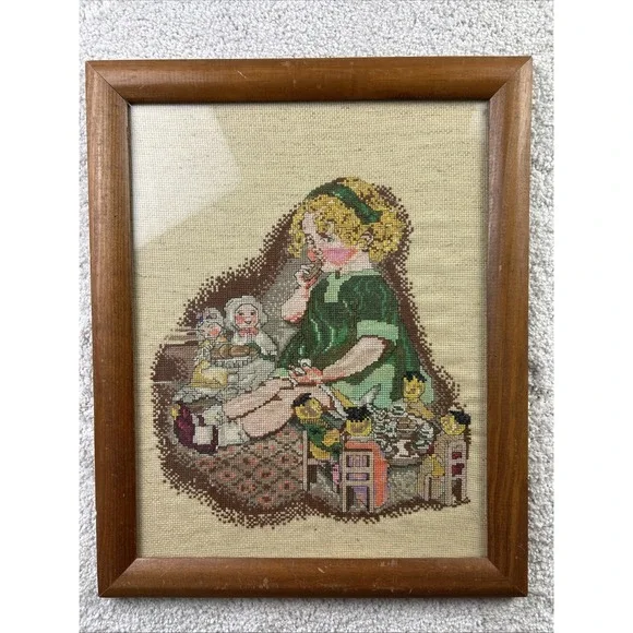 Vtg Framed‎ Needlepoint Cross Stitch Old Fashion Girl Toys Wall Decor Art