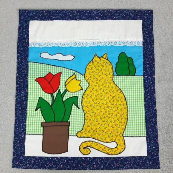 Handmade Applique Wall Hanging Cat Tulips Spring Floral Cottagecore Grandma VTG