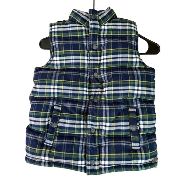 Janie & Jack Quilted Plaid‎ Puffer Vest Boys 7-8 Navy Green Play Outdoor School