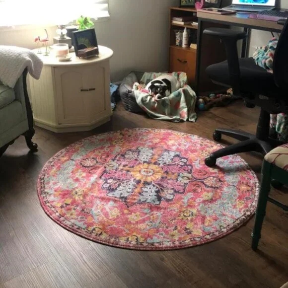Floral Medallion Round Rug 4Ft Hot Pink Soft Round Area Rug Bedroom Kitchen Mat