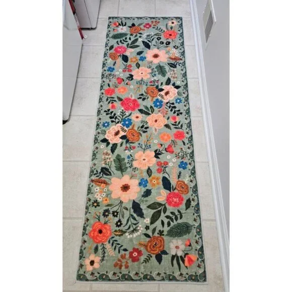 Non Slip 2 x 6 Green Washable Runner Rugs with Rubber Backing Soft Floral Carpet