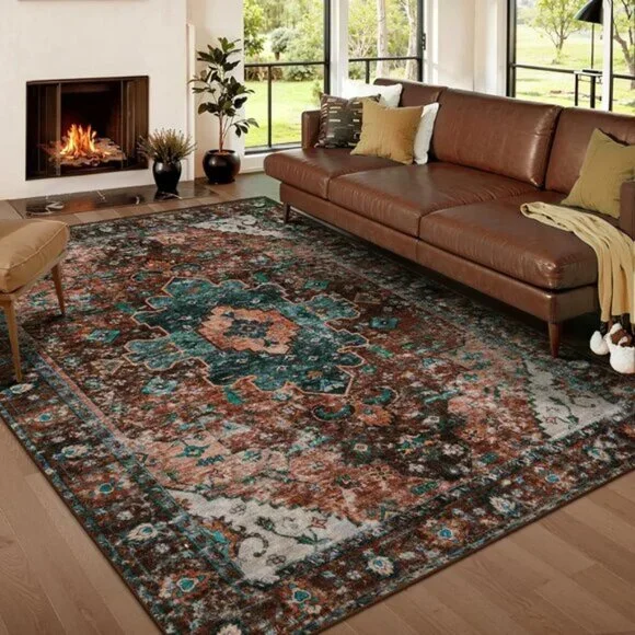 New 5x7 Area Rug, Washable, Non-Slip Vintage Carpet for Living Room & Bedroom
