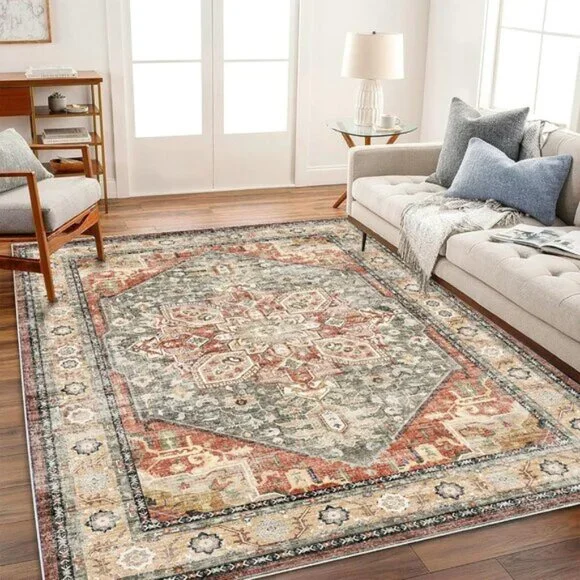 New 6x9 Washable Area Rug, Red Khaki Vintage Non-Slip Carpet for Living Room