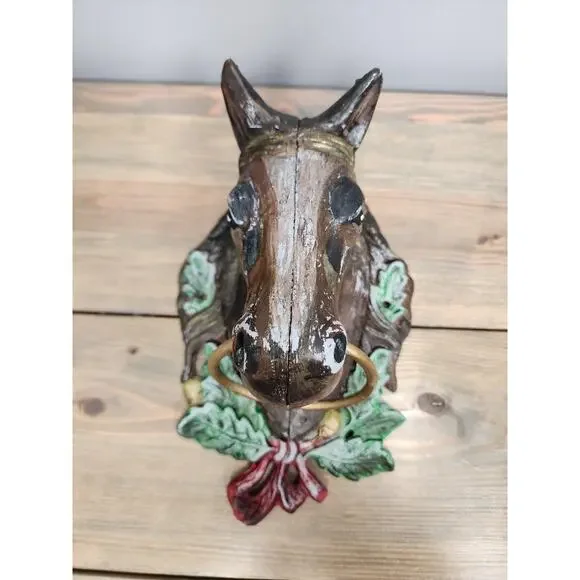 Vintage Large Cast Iron Horse Head Hand Painted Door Knocker or Tie Ring - 11